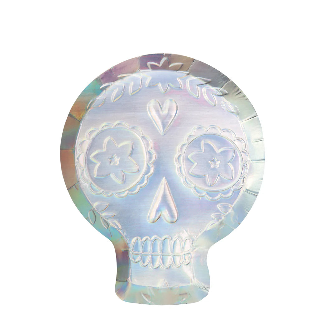 Holographic sugar skull-shaped plate with embossed details