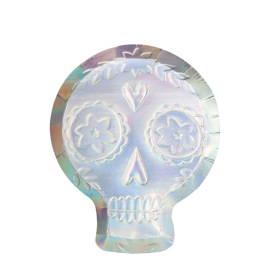 Holographic sugar skull-shaped plate with embossed details