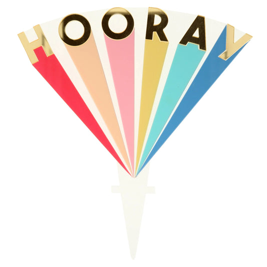 acrylic cake topper with gold 'hooray' lettering and colourful rainbow stripes