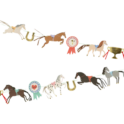 horse hanging banner by meri meri with horses, champion cup, horseshoes and colourful rosettes 