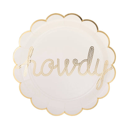 howdy paper plates in white with gold foil script - pack of 8 by my minds eye 