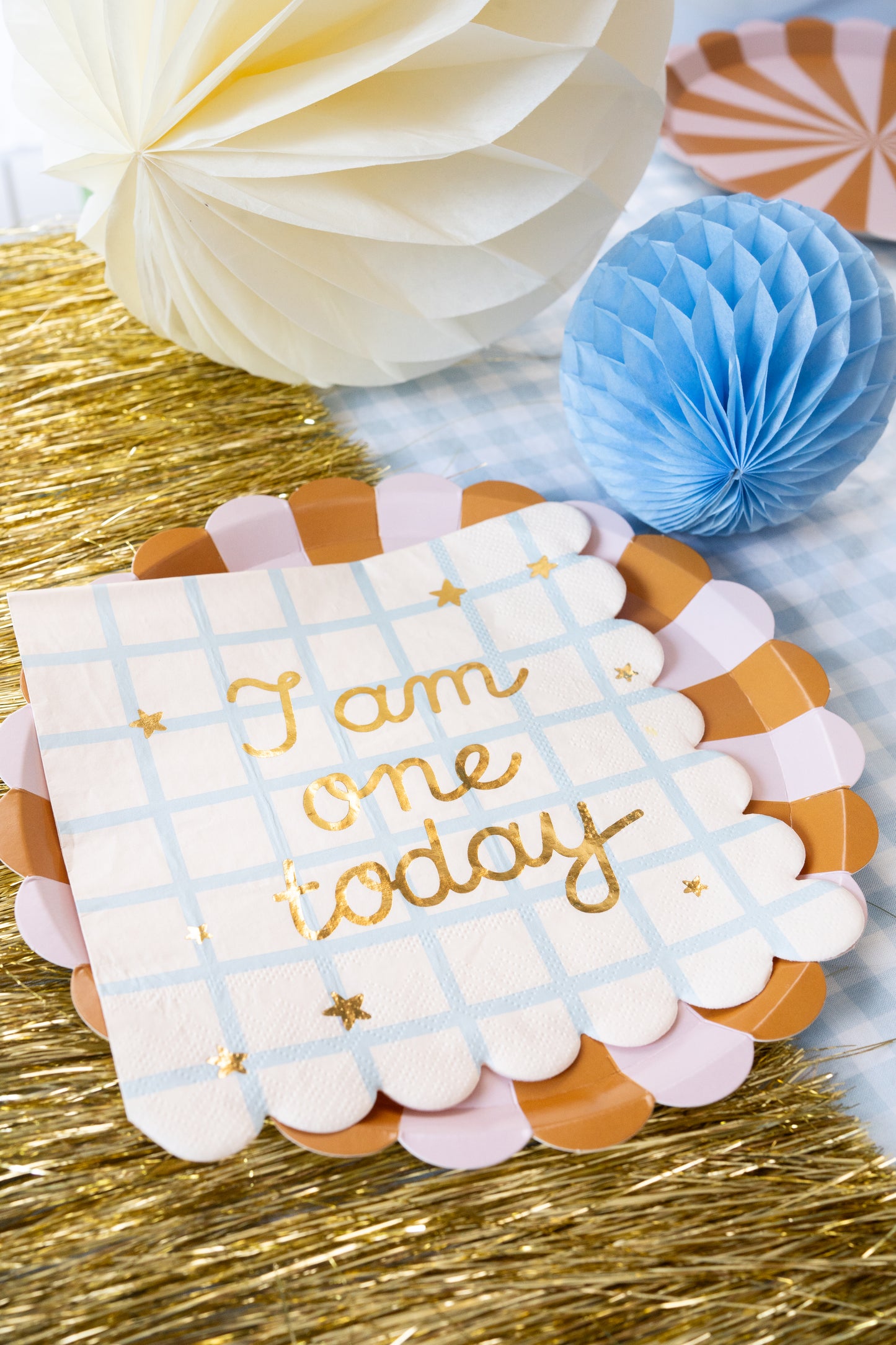 I am one today large scalloped edge napkins with brown and pink matching plate 