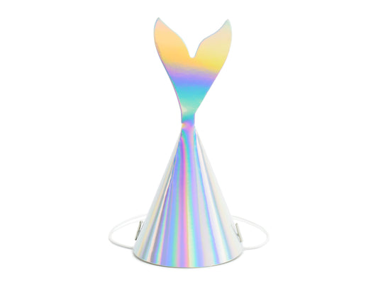 iridescent party hat in the shape of a mermaid tail