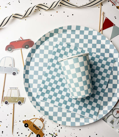 large blue and white checkered dinner plates paired with matching paper cup and napkin- by Josi James