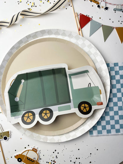 garbage truck paper plate displayed with checkered blue dinner napkin