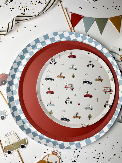 large blue and white checkered paper plate with car themed layered plate by Josi James 