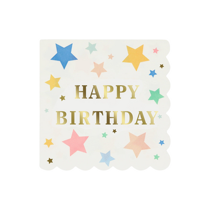 large white napkins with star design and gold happy birthday message