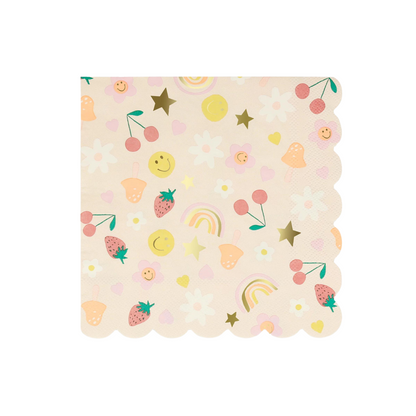 beige napkin with scalloped edge and colourful 90s icons including happy faces, daisies, cherries and more