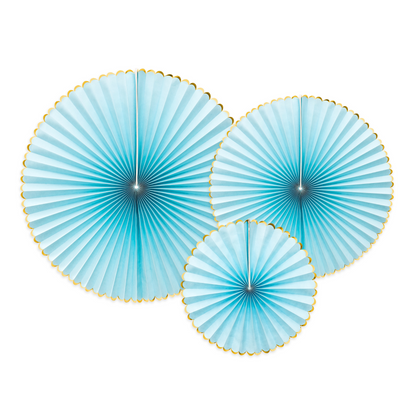 three light blue paper party fans