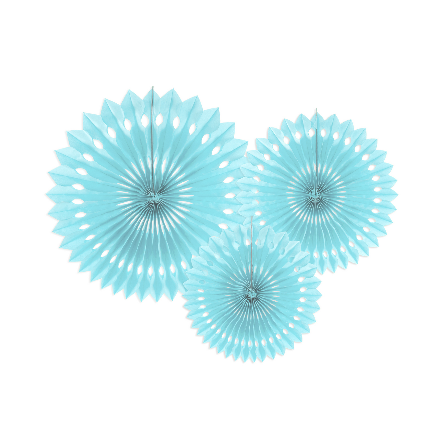 three light blue paper party fans