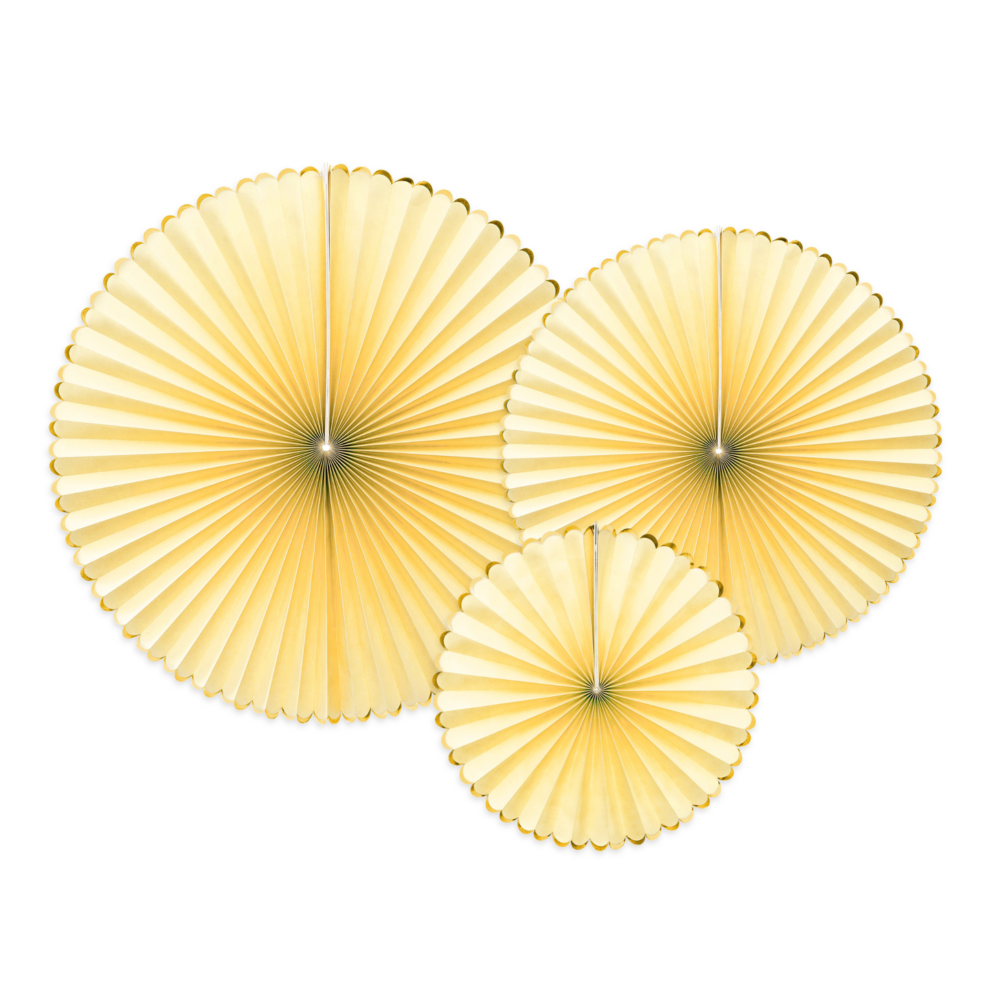 three light yellow paper party fans