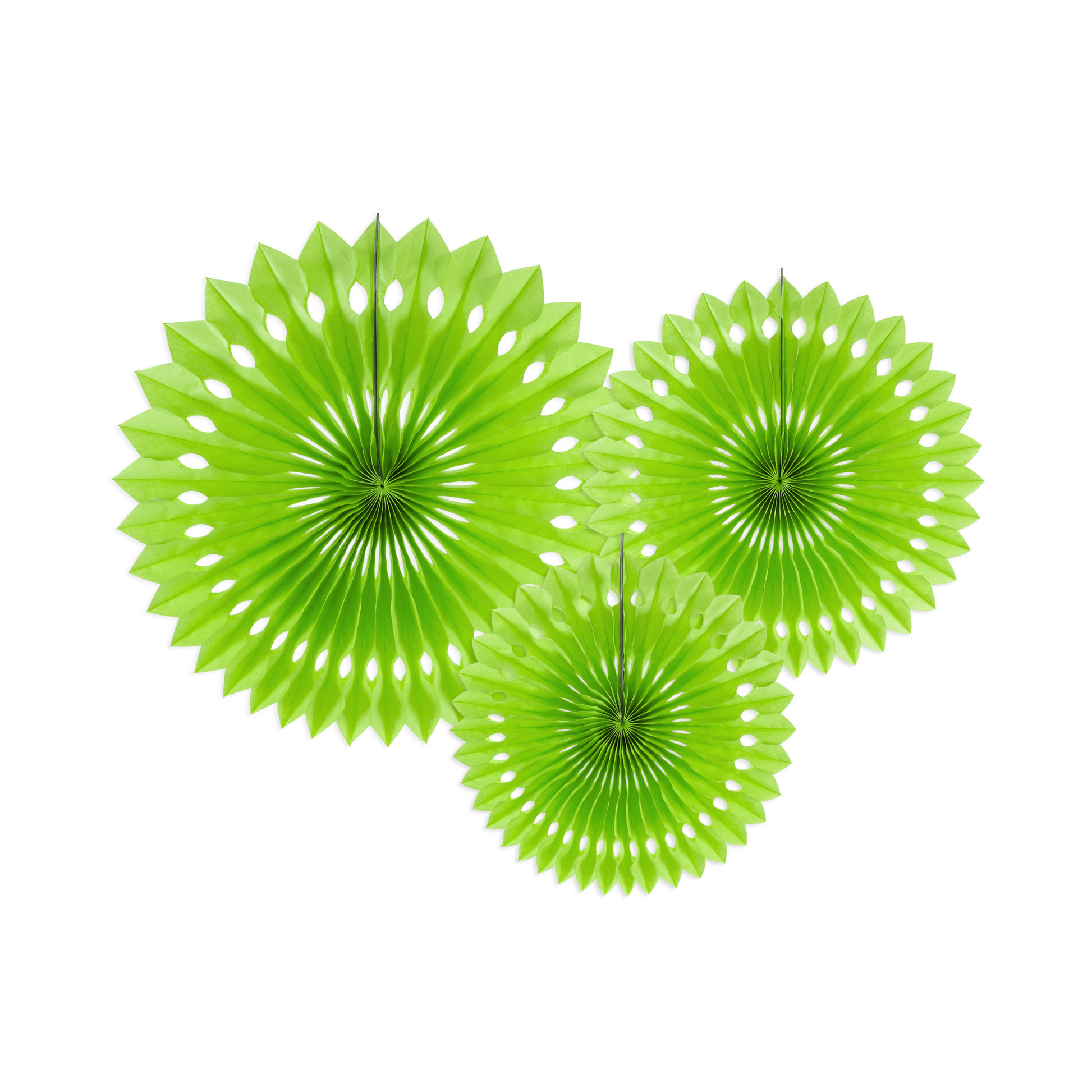 three lime green paper party fans in varying sizes