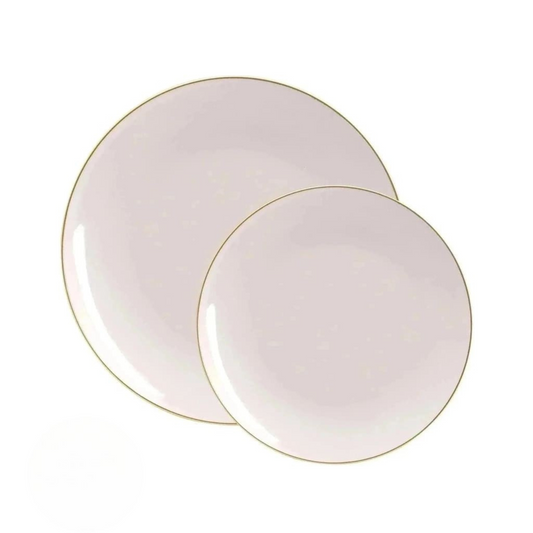 off white and gold round walled plastic plate set with dinner and dessert