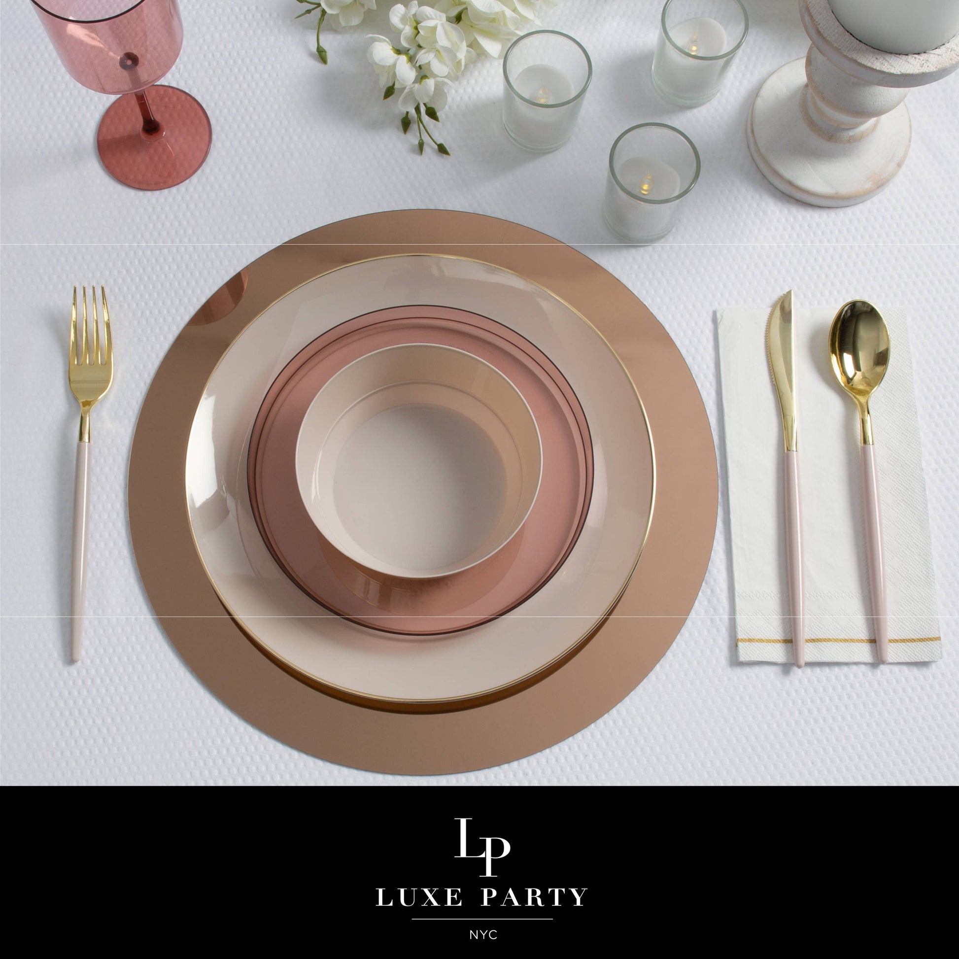 table setting with luxe plastic tableware including plate, bowl and cutlery