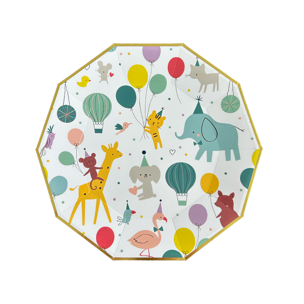 little celebrations large plates - illustrations of elephant, koala, giraffe, flamingo, tiger, hot air balloons & balloons 