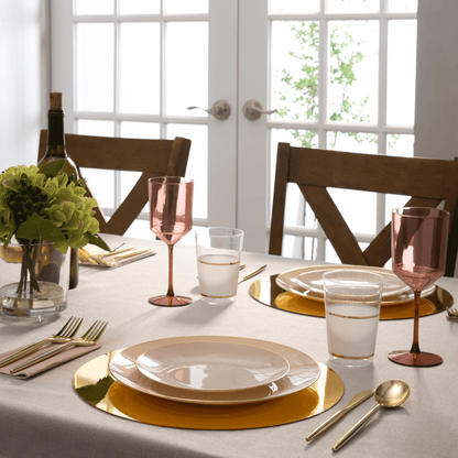 table setting with luxe plastic cutlery, plates and cups 