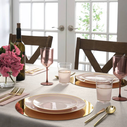 luxe party round blush and gold trim reusable dinner plates tablescape 