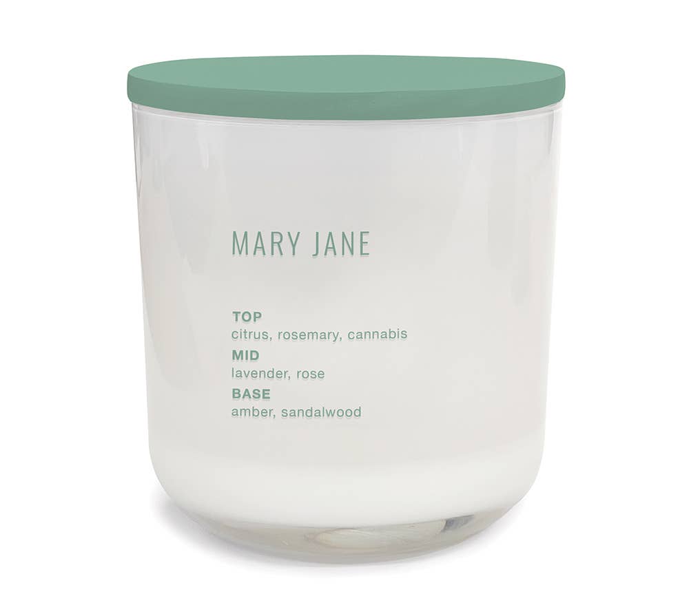 Mary Jane home candle- Fragrance: An intoxicating blend of cannabis accord with natural herbal greens, rich, sophisticated notes of rose, dark woods, exotic cinnabar, fresh citrus, and oriental amber. Essential oils of rosemary and patchouli in a creamy coconut-soy blend wax.