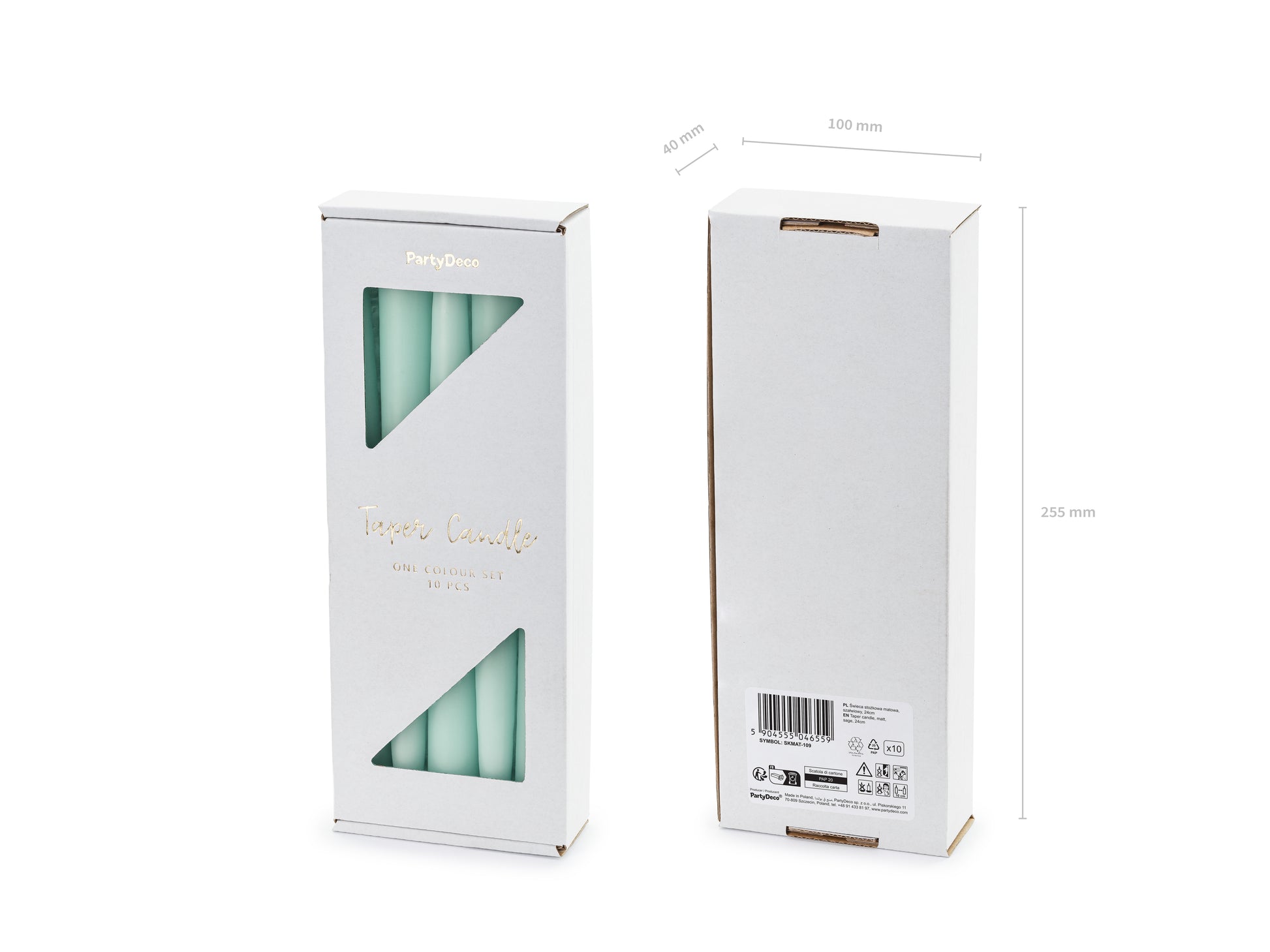 mint green taper candle packaging with measurements