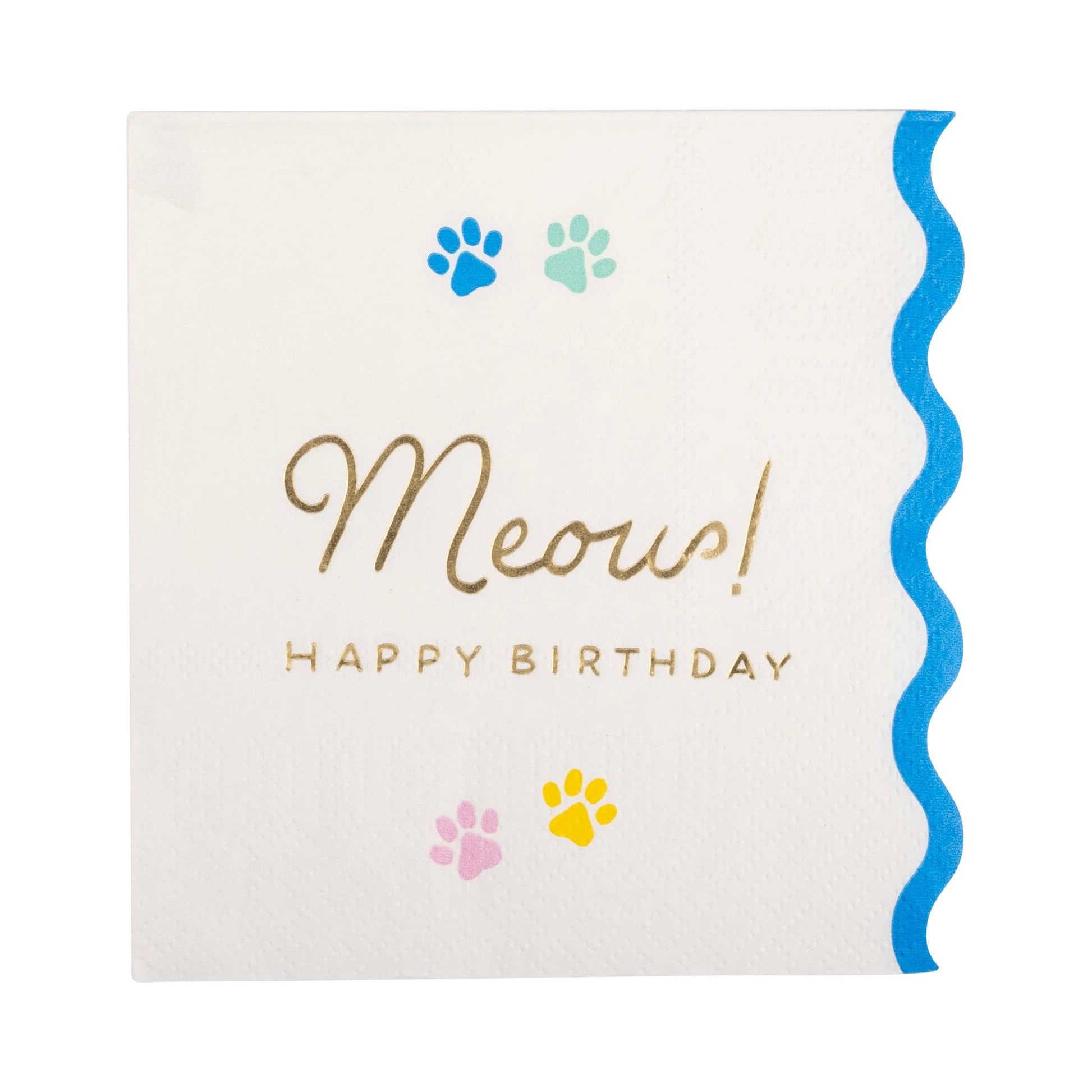 'meow! happy birthday' cat cocktail napkins with scalloped edge and gold script