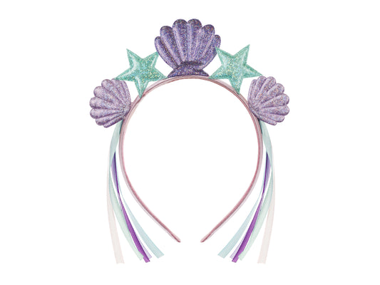 mermaid headband with purple glitter seashells and blue glitter stars 