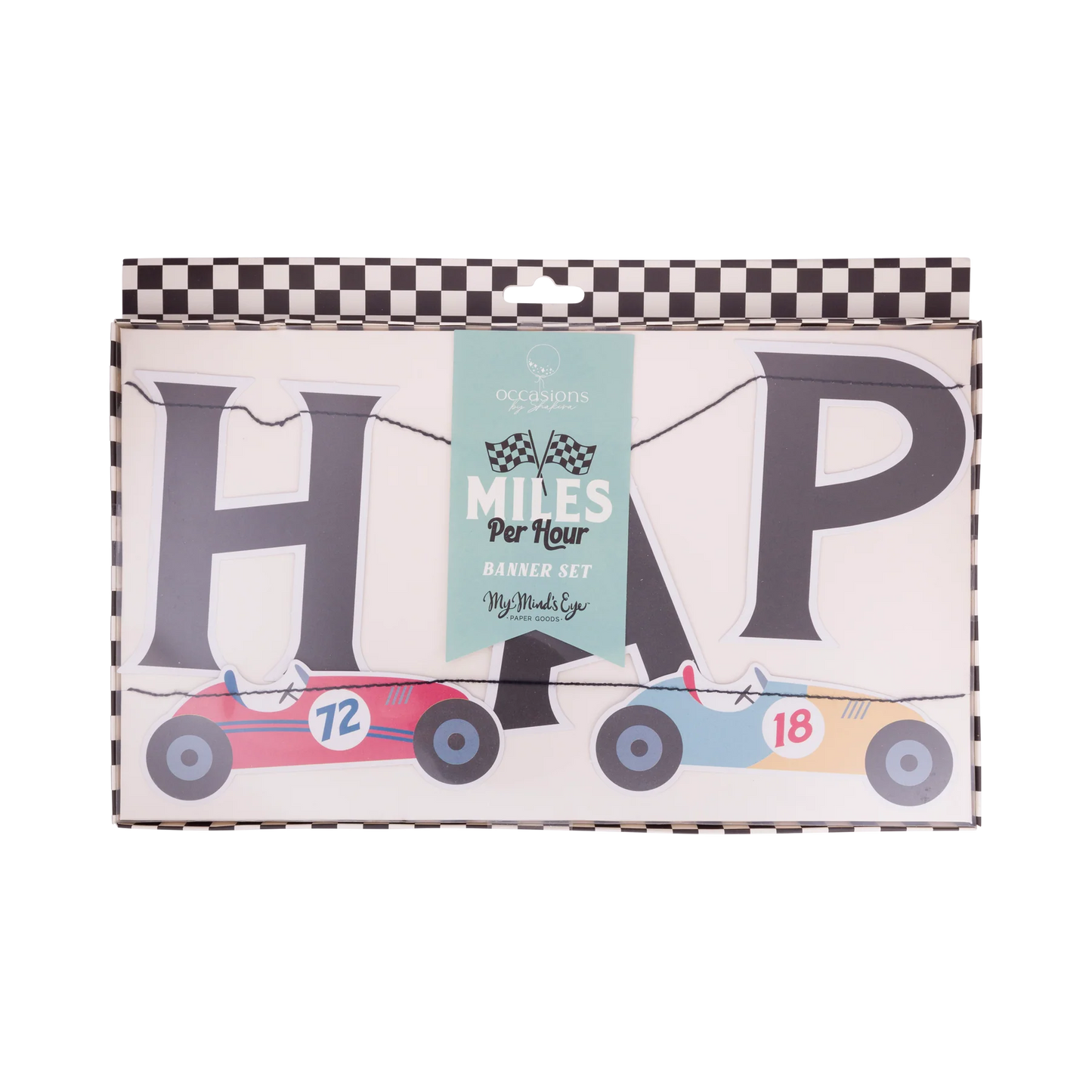 happy birthday race car banner set in product box with clear plastic front