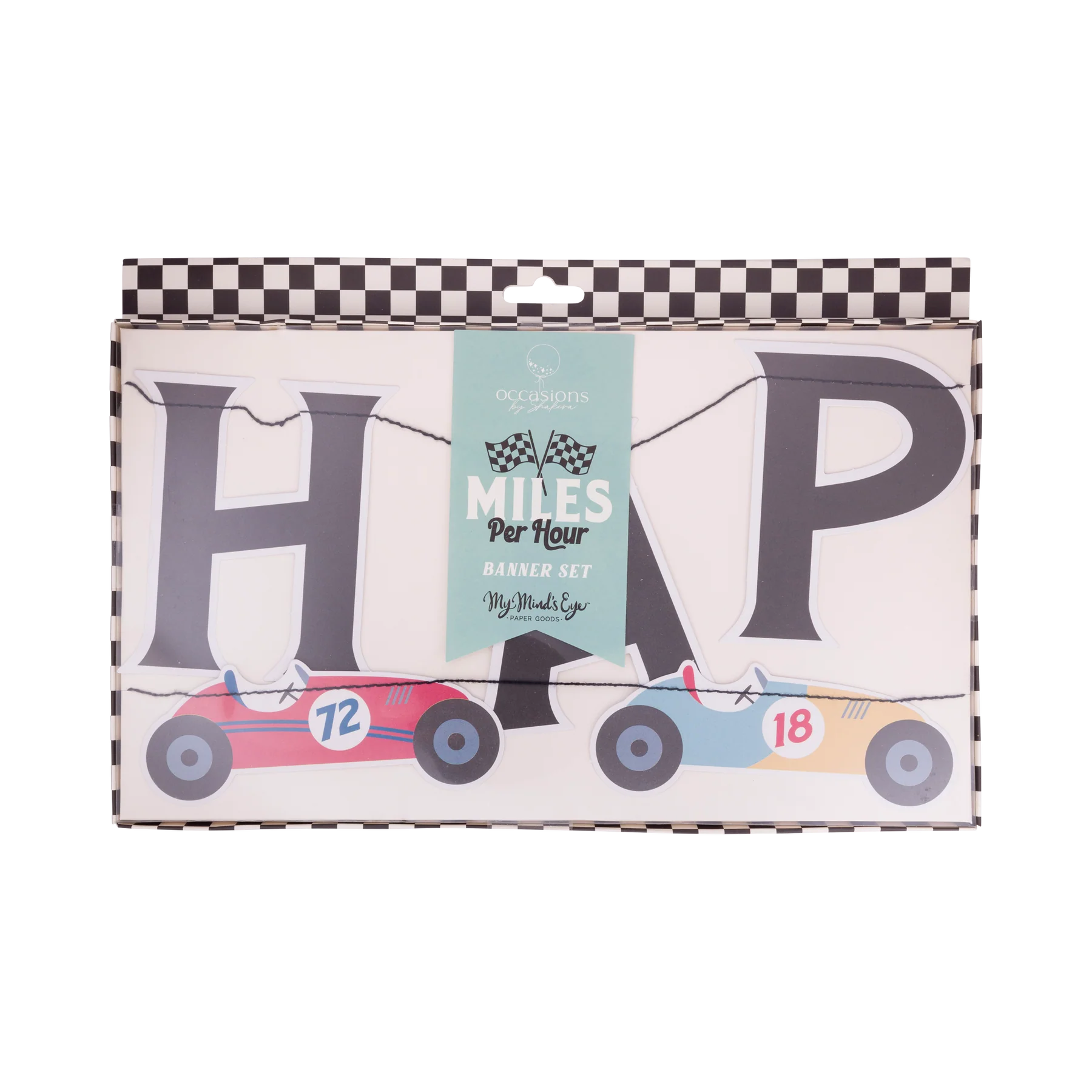 happy birthday race car banner set in product box with clear plastic front