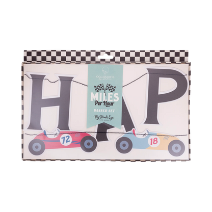 happy birthday race car banner set in product box with clear plastic front