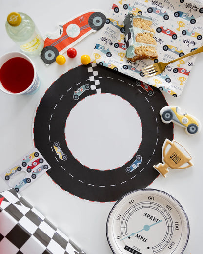 table setting with race car themed party supplies.