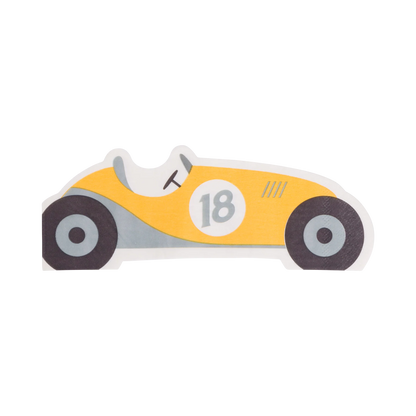 yellow race car shaped napkin with number 18