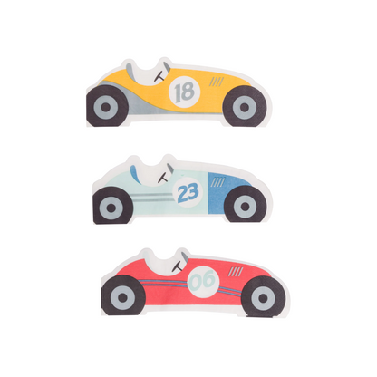 three vintage race car shaped napkins in yellow with number '18', blue with number '23' and red with number '03'