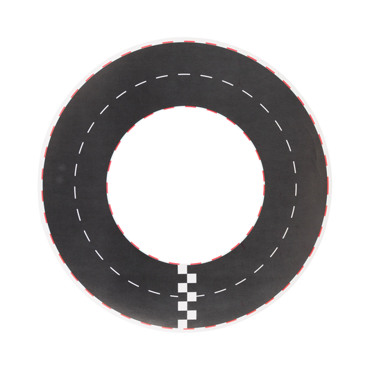 round black placemat resembling a race track with white road marks