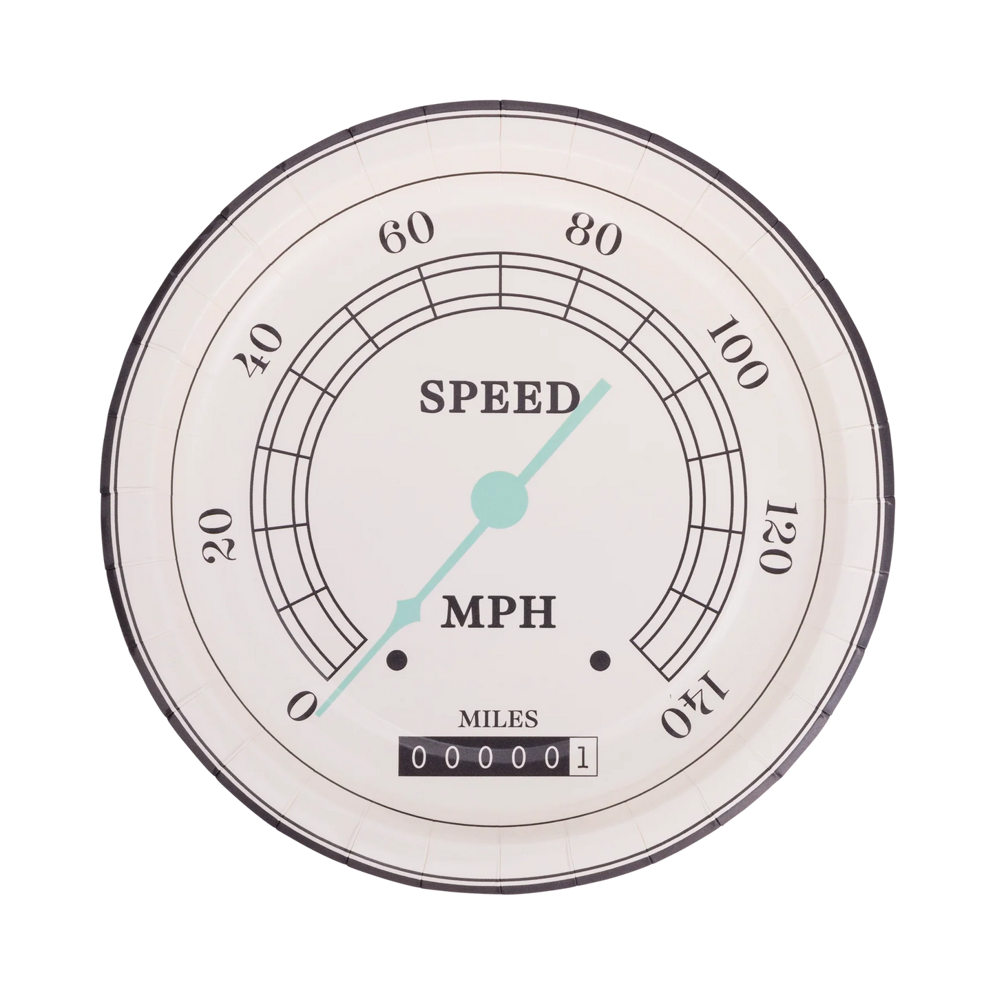 white round plate resembling a car speedometer displaying speed and mileage