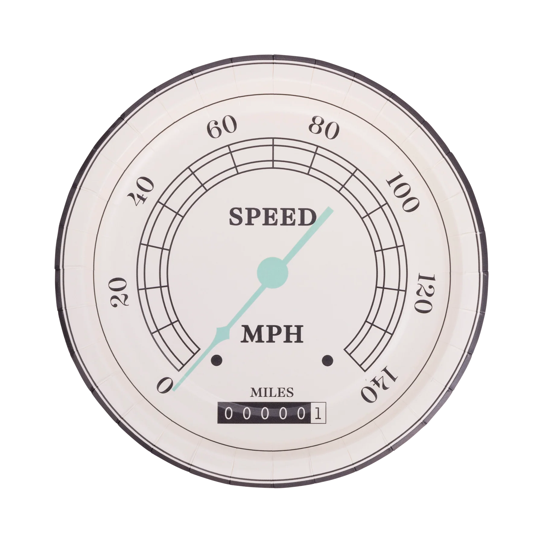 white round plate resembling a car speedometer displaying speed and mileage