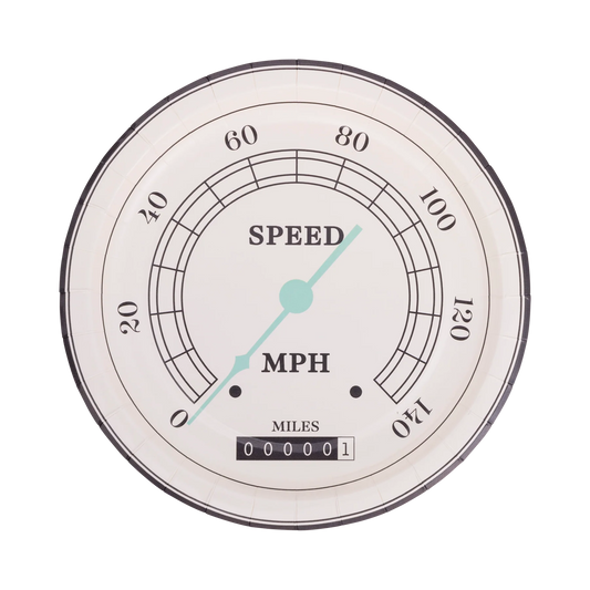 white round plate resembling a car speedometer displaying speed and mileage