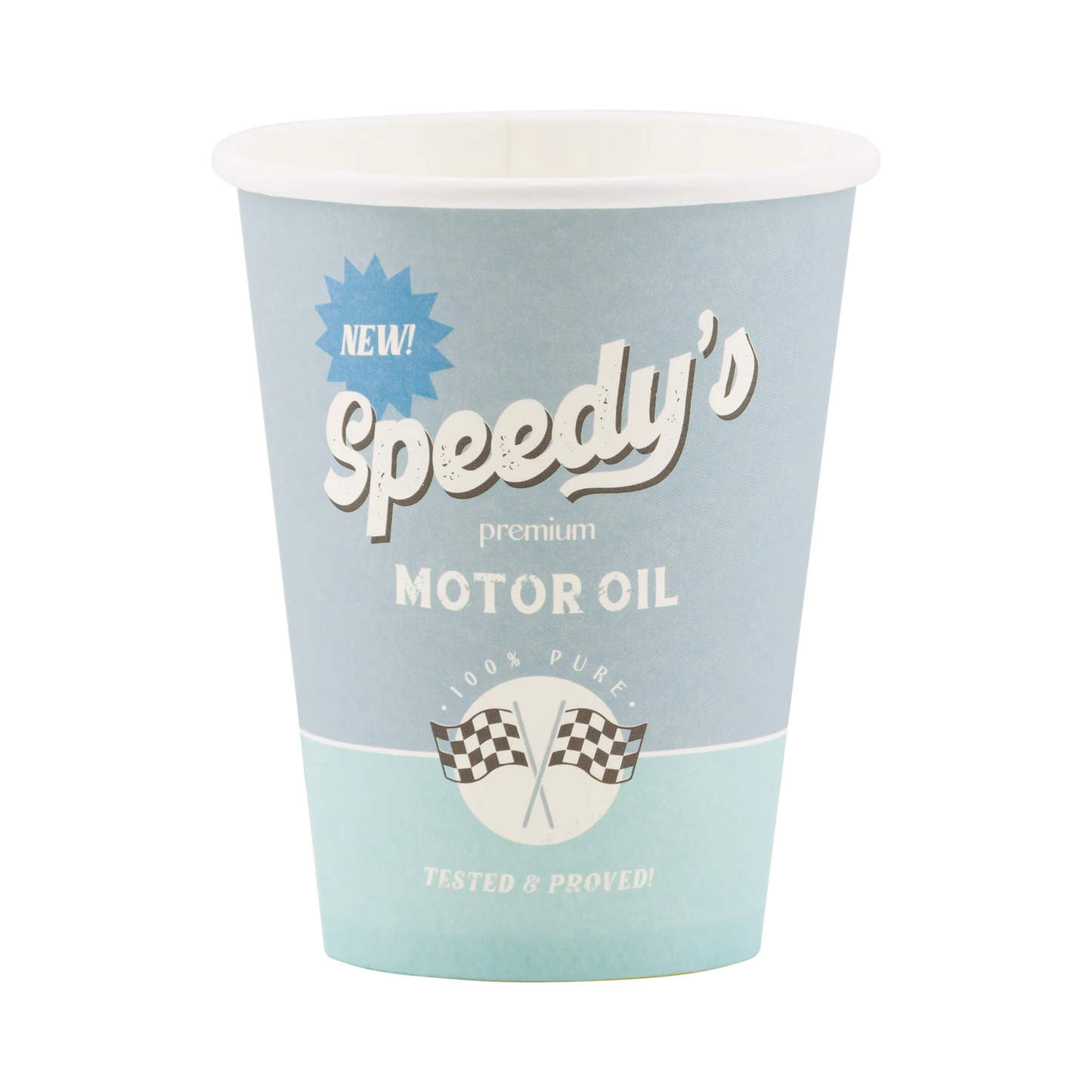 Light blue disposable party cup with 'Speedy's Premium MOTOR OIL' in white text and graphics: '100% PURE! TESTED & PROVED!' with crossed checkered flags and a 'NEW!' blue burst.