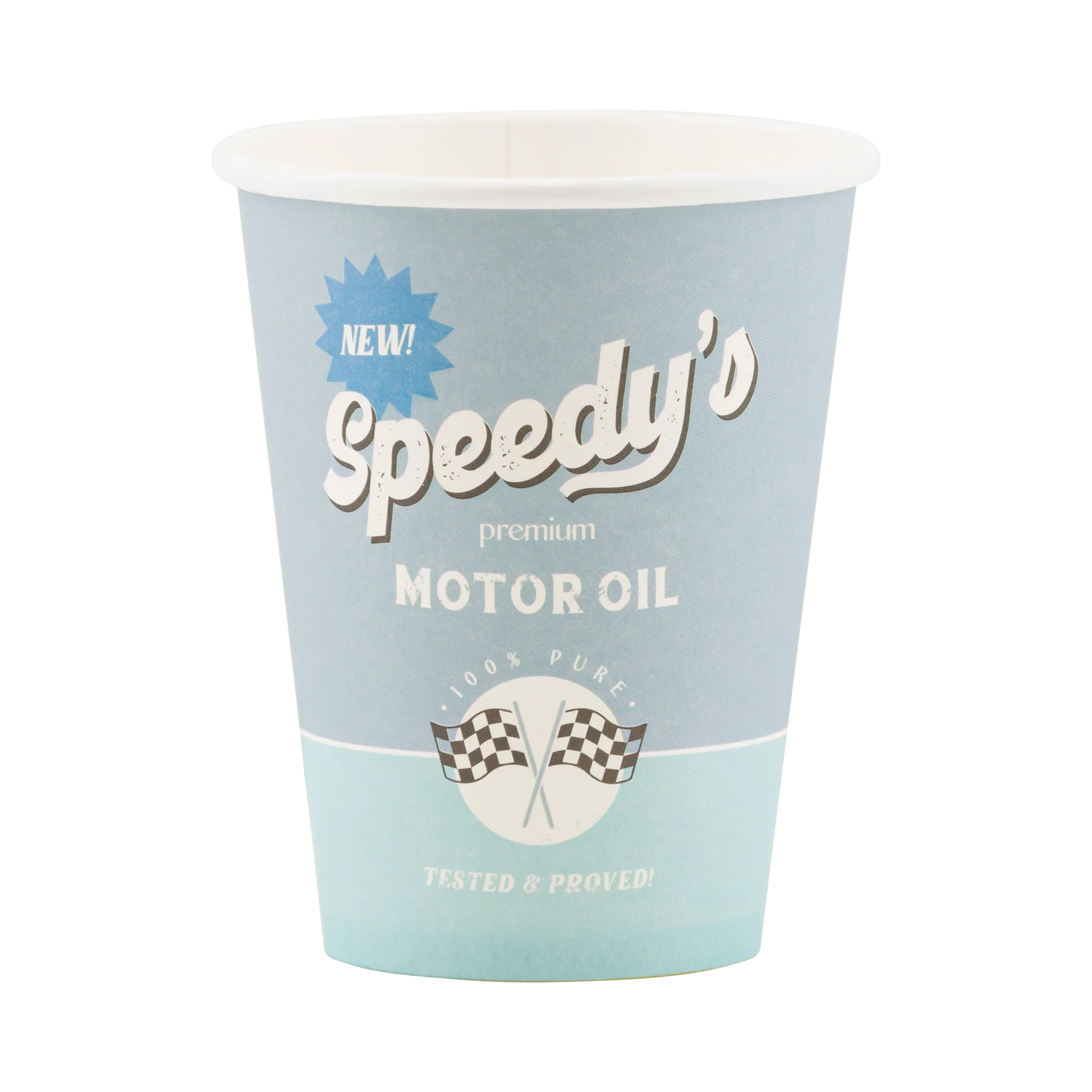 Light blue disposable party cup with 'Speedy's Premium MOTOR OIL' in white text and graphics: '100% PURE! TESTED & PROVED!' with crossed checkered flags and a 'NEW!' blue burst.