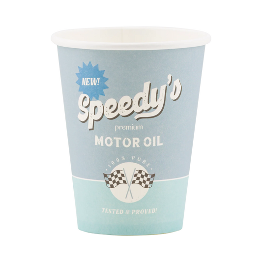 Light blue disposable party cup with 'Speedy's Premium MOTOR OIL' in white text and graphics: '100% PURE! TESTED & PROVED!' with crossed checkered flags and a 'NEW!' blue burst.