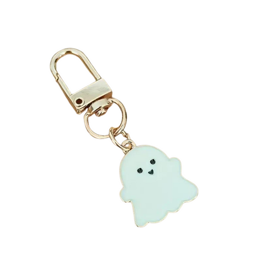 mini white ghost keychain with gold clip 
