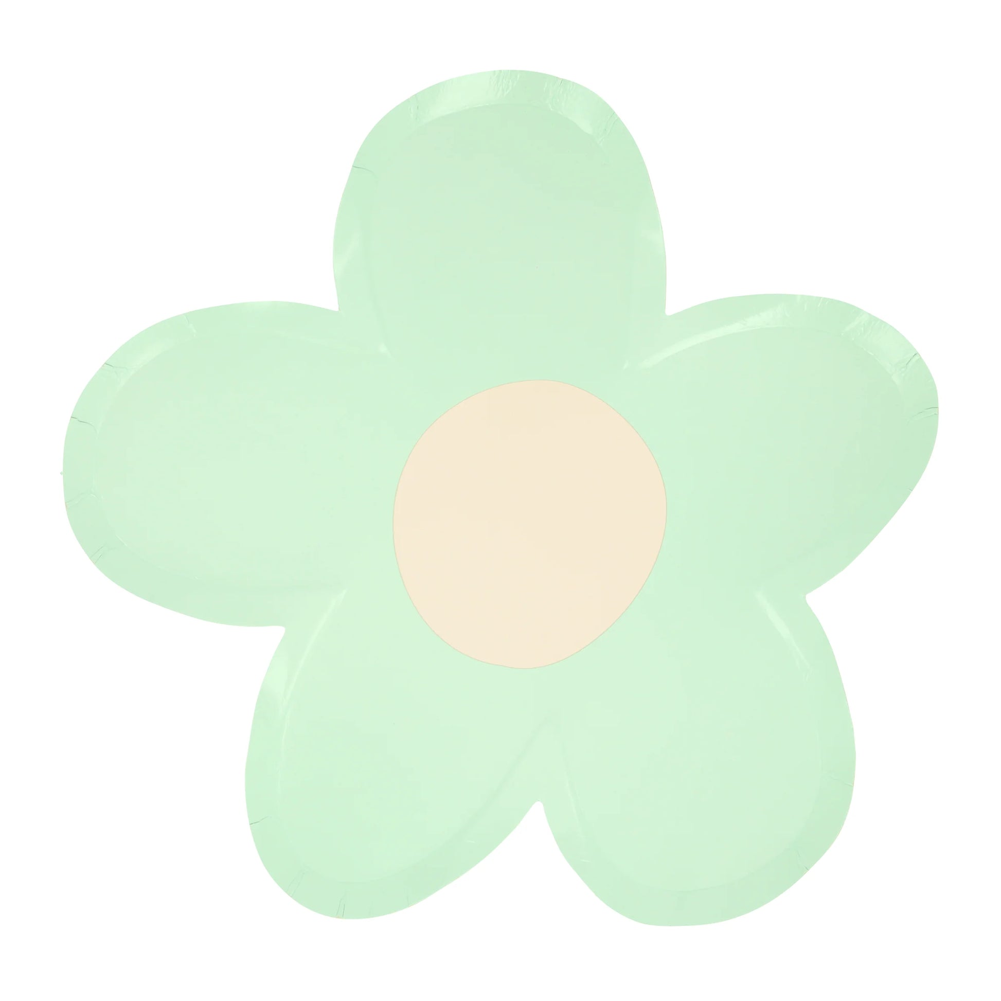 Mint daisy plate with ivory center on a white background.