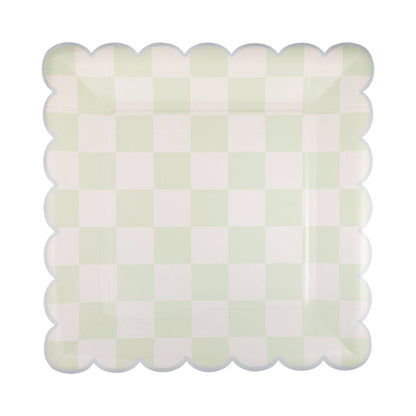 mint green checkered plate with light blue boarder
