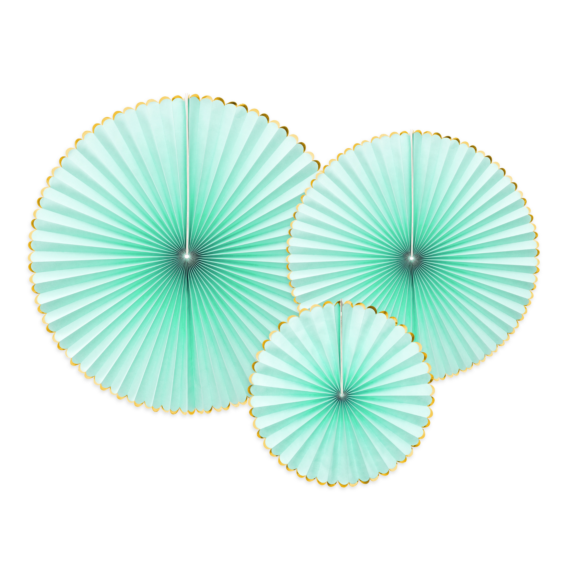 three mint green paper party fans in varying sizes