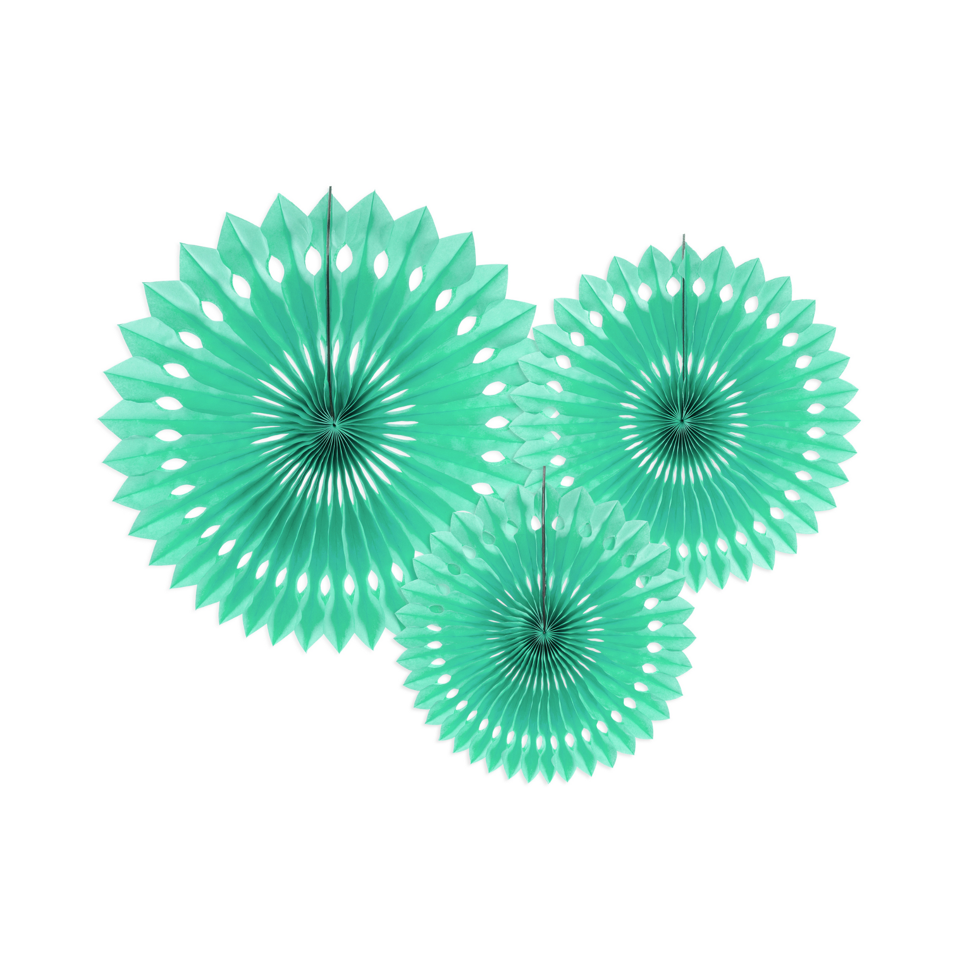 three mint green paper party fans in varying sizes