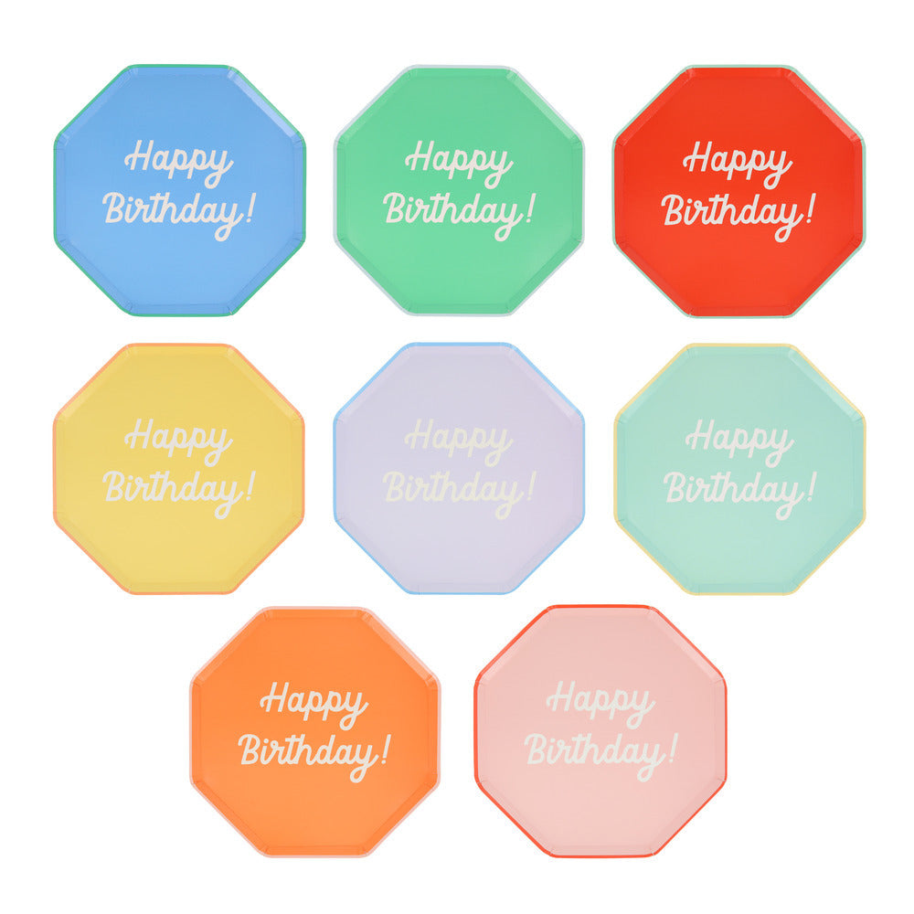 mixed happy birthday side plates - pack of 8 in 8 colours with coordinating matching boarder with white handwritten script ' happy birthday'