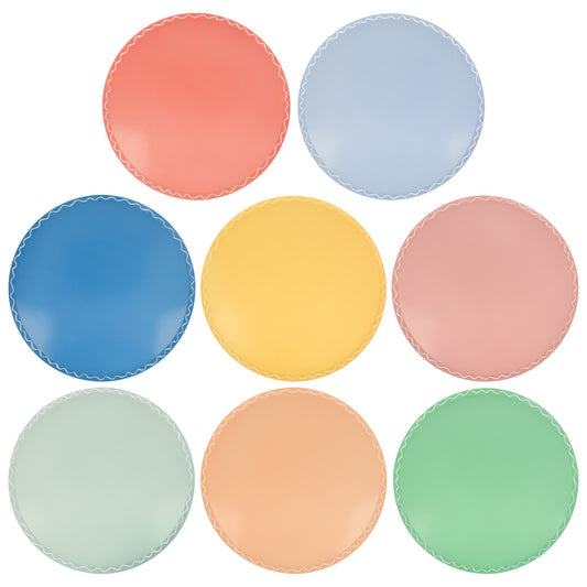 mixed wavy line dinner plates by meri meri pack of 8 in 8 colours : dusky pink, coral pink, apricot, sunshine yellow, powder blue, duck egg blue, regency blue and dark mint