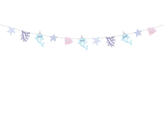 narwhal, seashell and coral hanging banner - in mixed purples, blues and light pinks