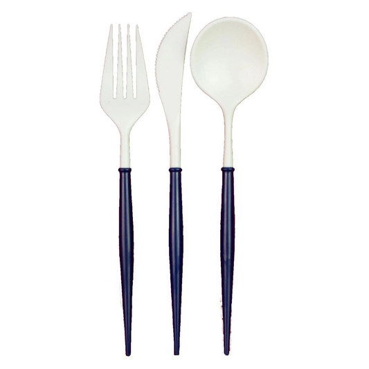 BELLA NAVY & WHITE PLASTIC CUTLERY SET