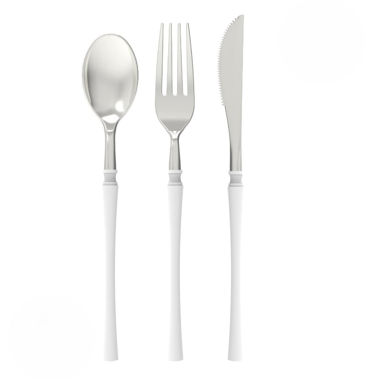 plastic cutlery with silver top and white bottom - spoon, fork and knife