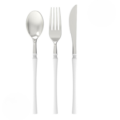 plastic cutlery with silver top and white bottom - spoon, fork and knife