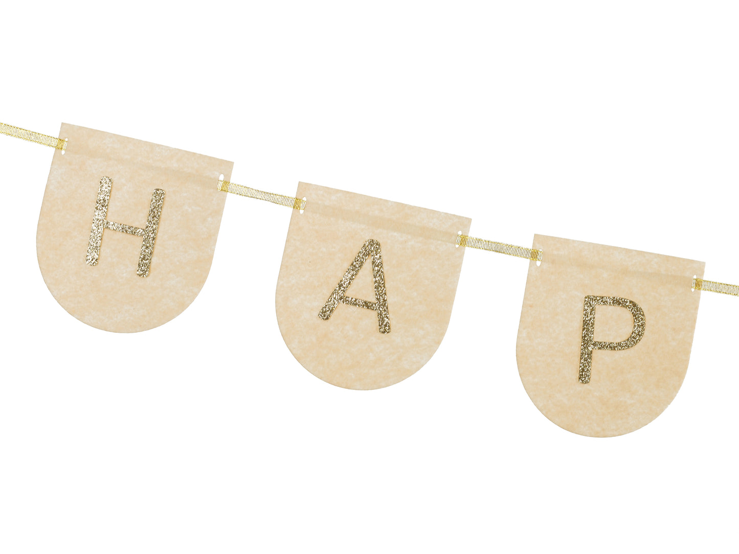 happy birthday felt banner in nude and sparkly gold letters